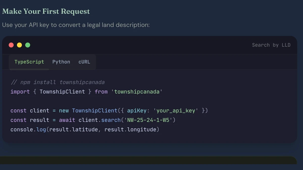 Adding Legal Land Description Search to a Node.js App: @townshipcanada/sdk Walkthrough