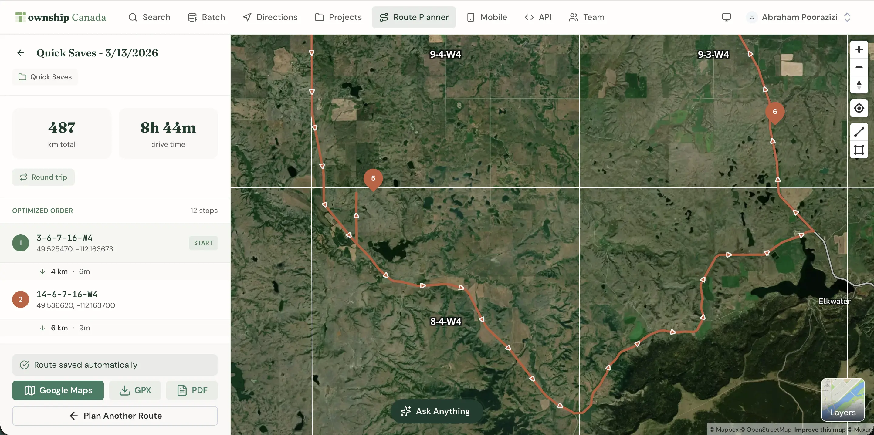 Multi-stop route on the survey grid map