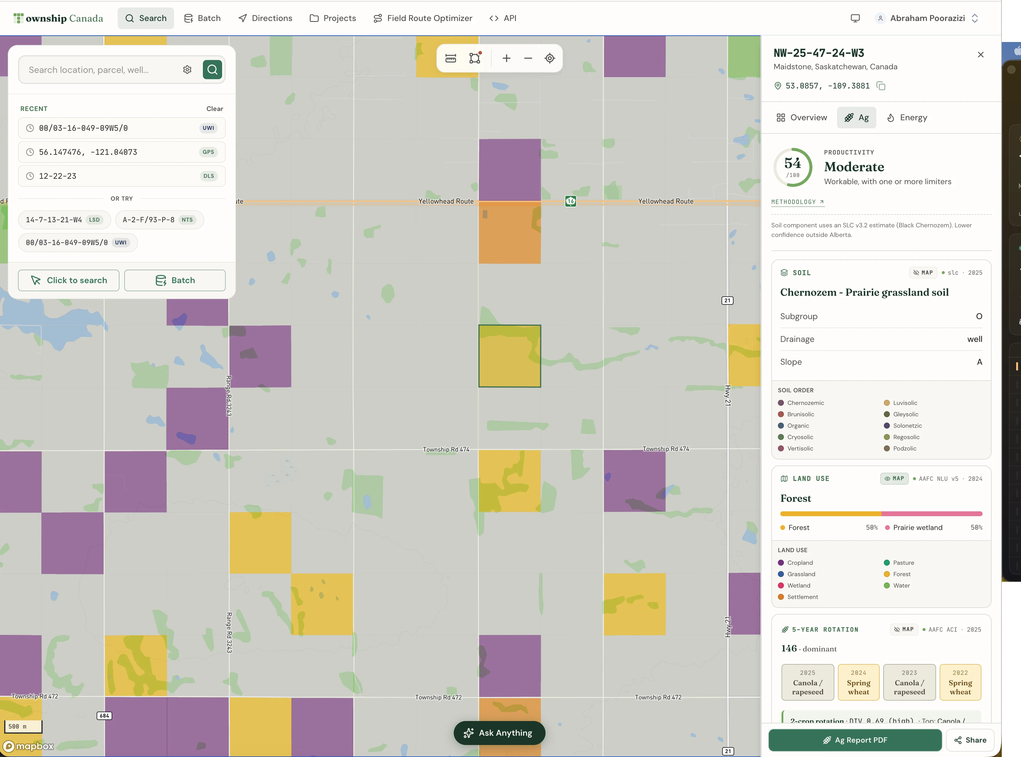 Parcel report Agriculture tab for a Saskatchewan quarter showing soil survey detail, CLI capability, and crop rotation chart