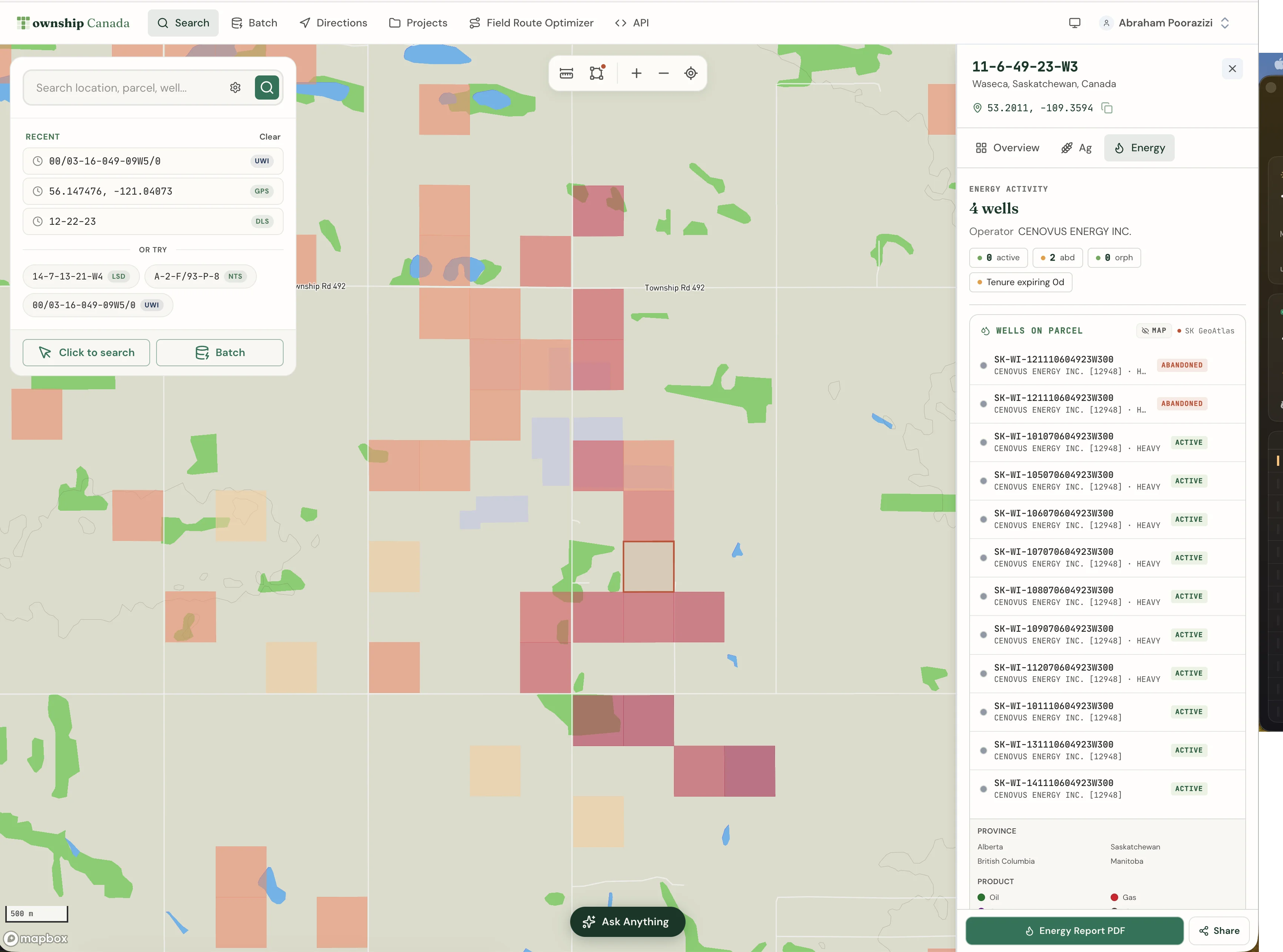 Parcel report Energy tab for a Saskatchewan quarter showing wells, pipeline crossings, and Crown tenure