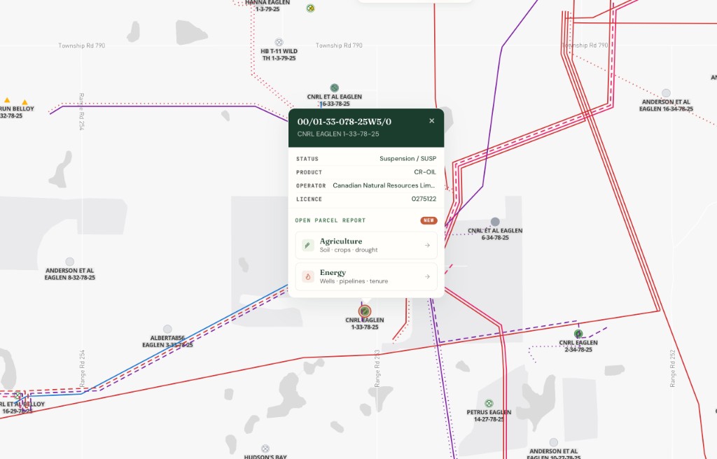 Search by full UWI on the Energy Wells layer and open the well popup with licence, status, and operator details