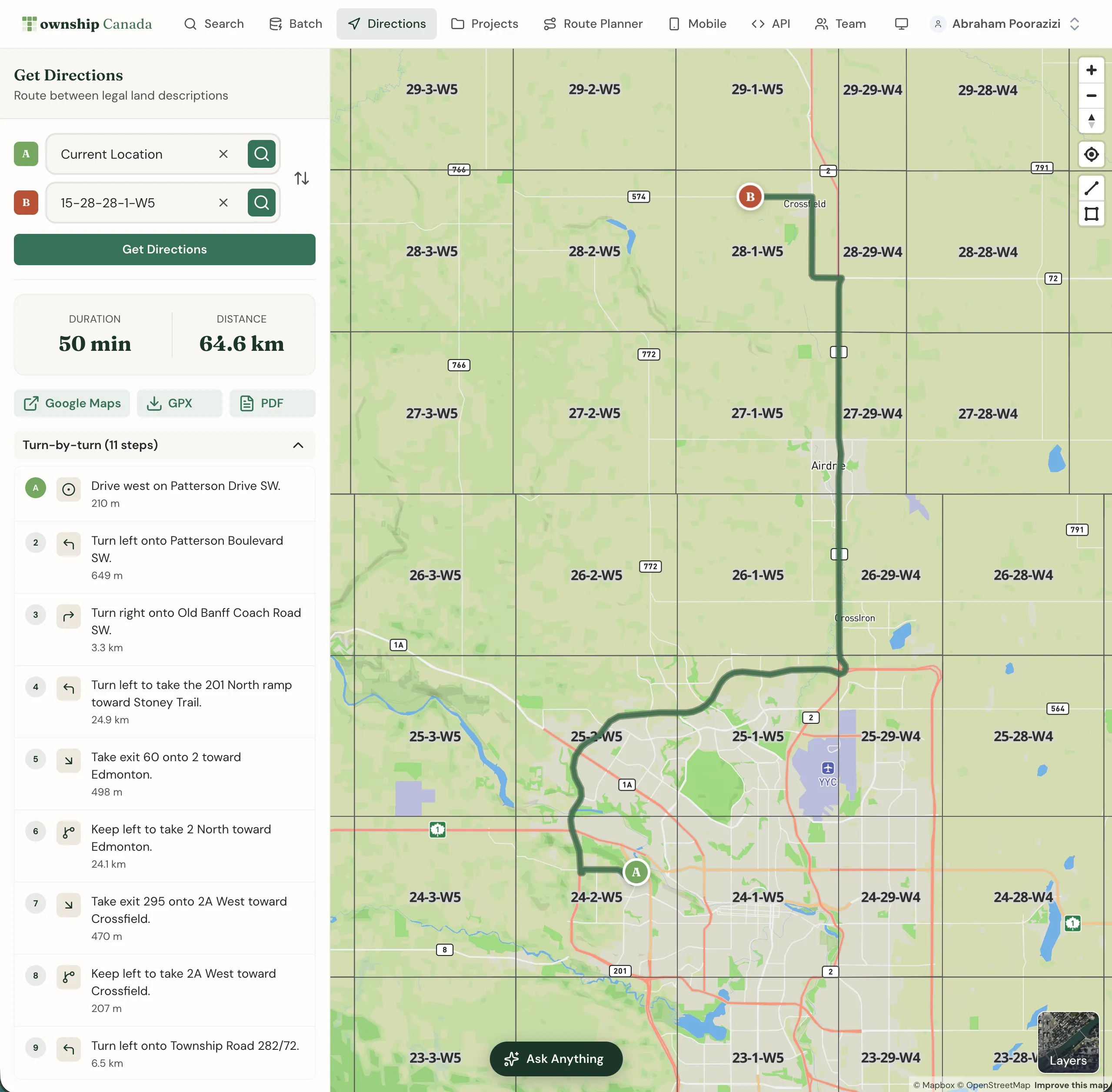 Directions interface