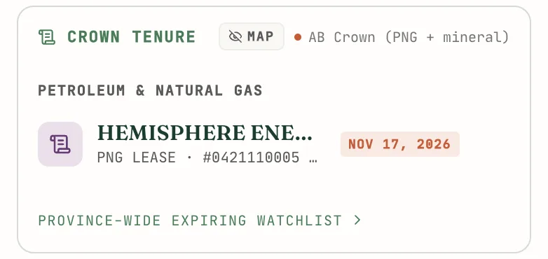 The Crown tenure card on the Energy tab showing an intersecting petroleum and natural gas lease with its holder, disposition number, and expiry date