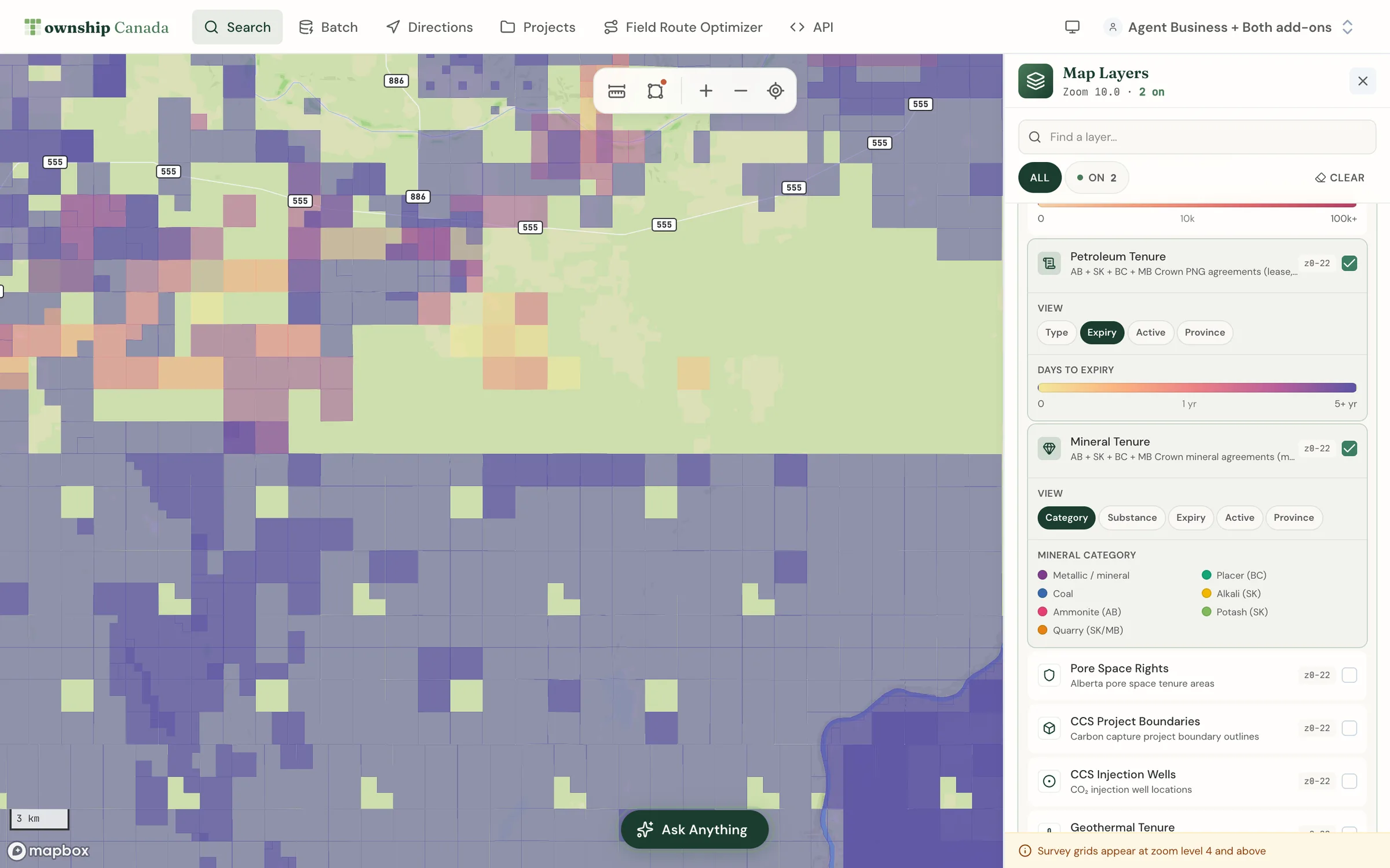 The tenure preset in southeast Alberta, with Crown petroleum and natural gas dispositions coloured by days to expiry