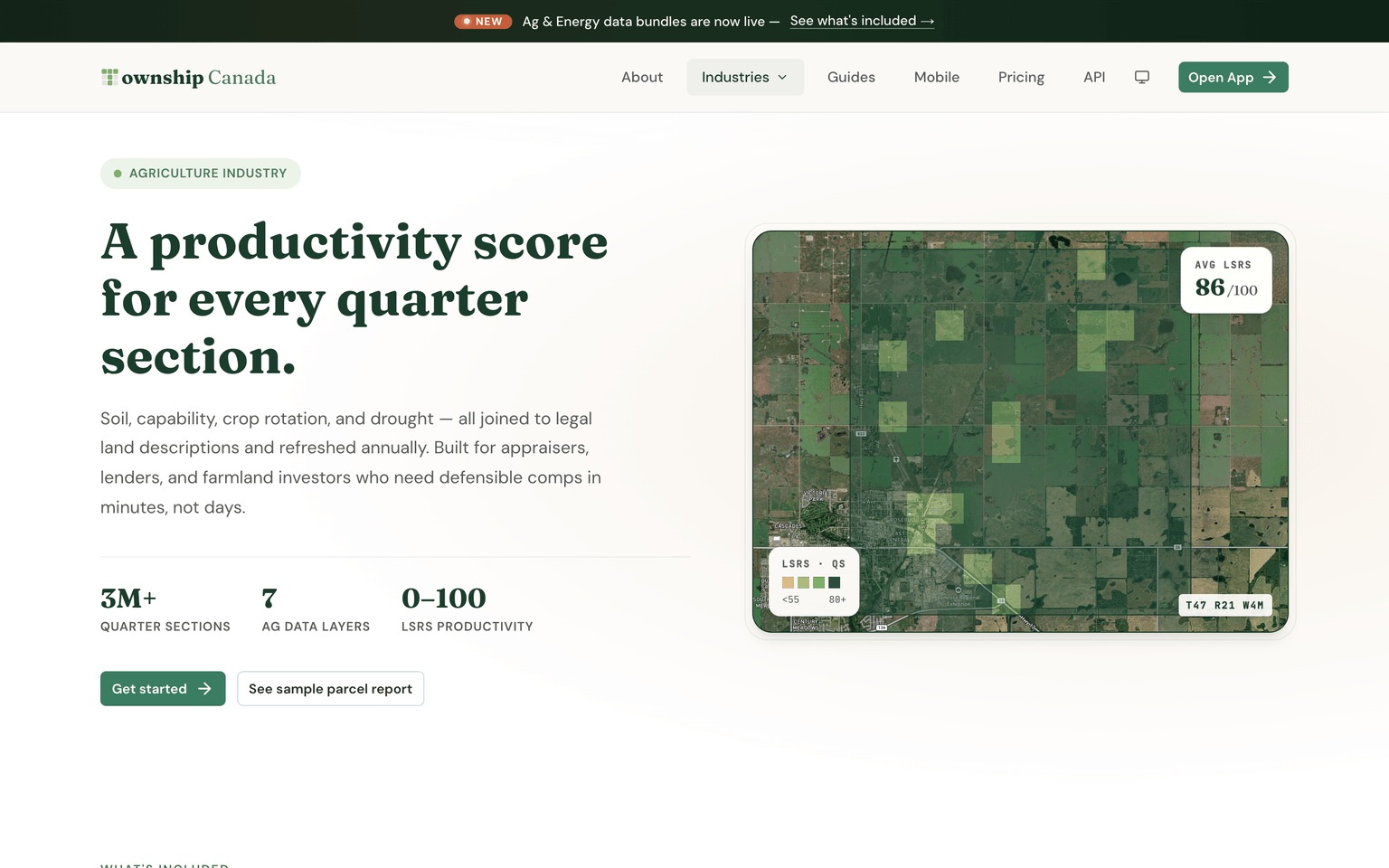 Industries - Agriculture page showing the LSRS productivity score visualization on a sample township with 86/100 highlighted