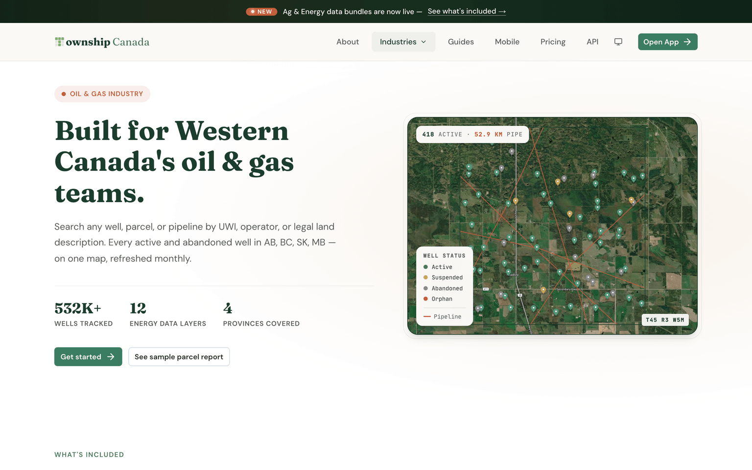 Industries - Oil & Gas page showing well status pins (active, suspended, abandoned, orphan) and pipeline geometry on a sample township