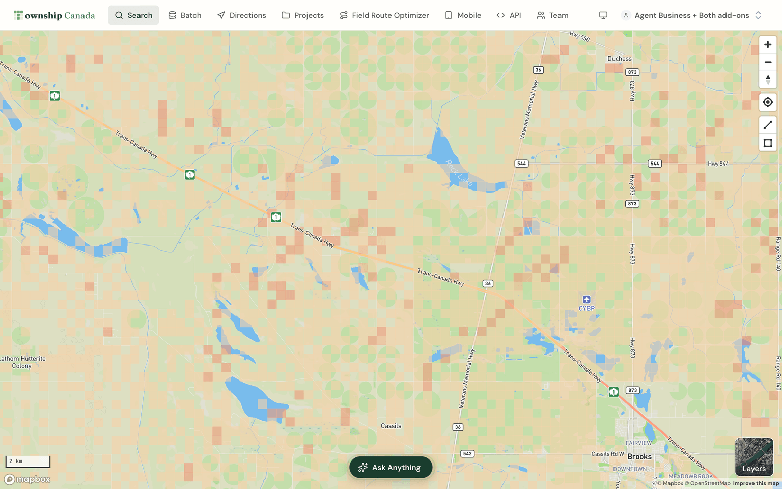 Map with the production preset enabled - LSDs near Brooks Alberta shaded orange by trailing-12-month oil volume