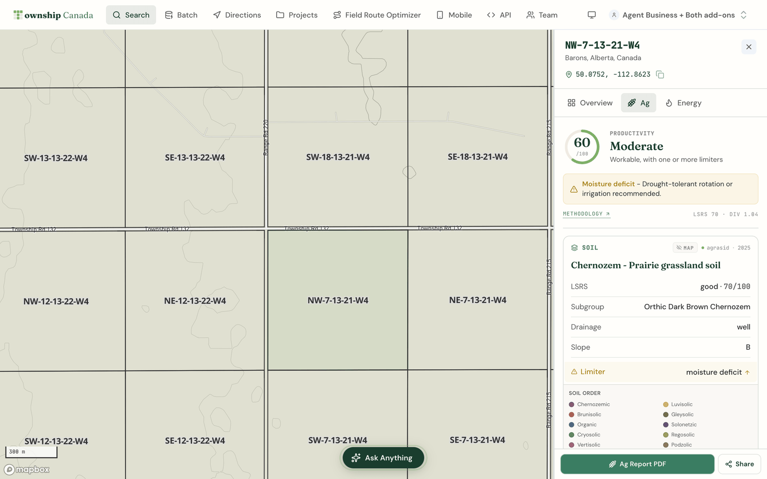 Agriculture tab showing LSRS productivity score 60/100, Chernozem soil, well drainage, moisture-deficit limiter, and a legend of soil orders