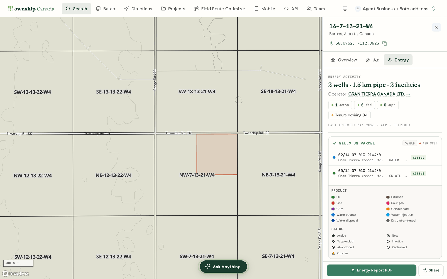 Energy tab listing 2 wells operated by Gran Tierra Canada Ltd, 1.5 km of pipe, 2 facilities, with product and status legends