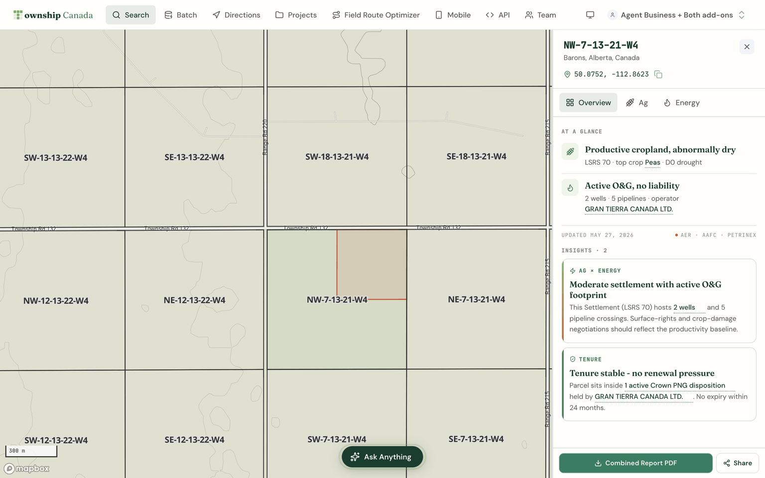 Township Canada parcel report - Overview tab showing LSRS productivity, top crop, drought, wells, pipelines, operator, and tenure for a single quarter section