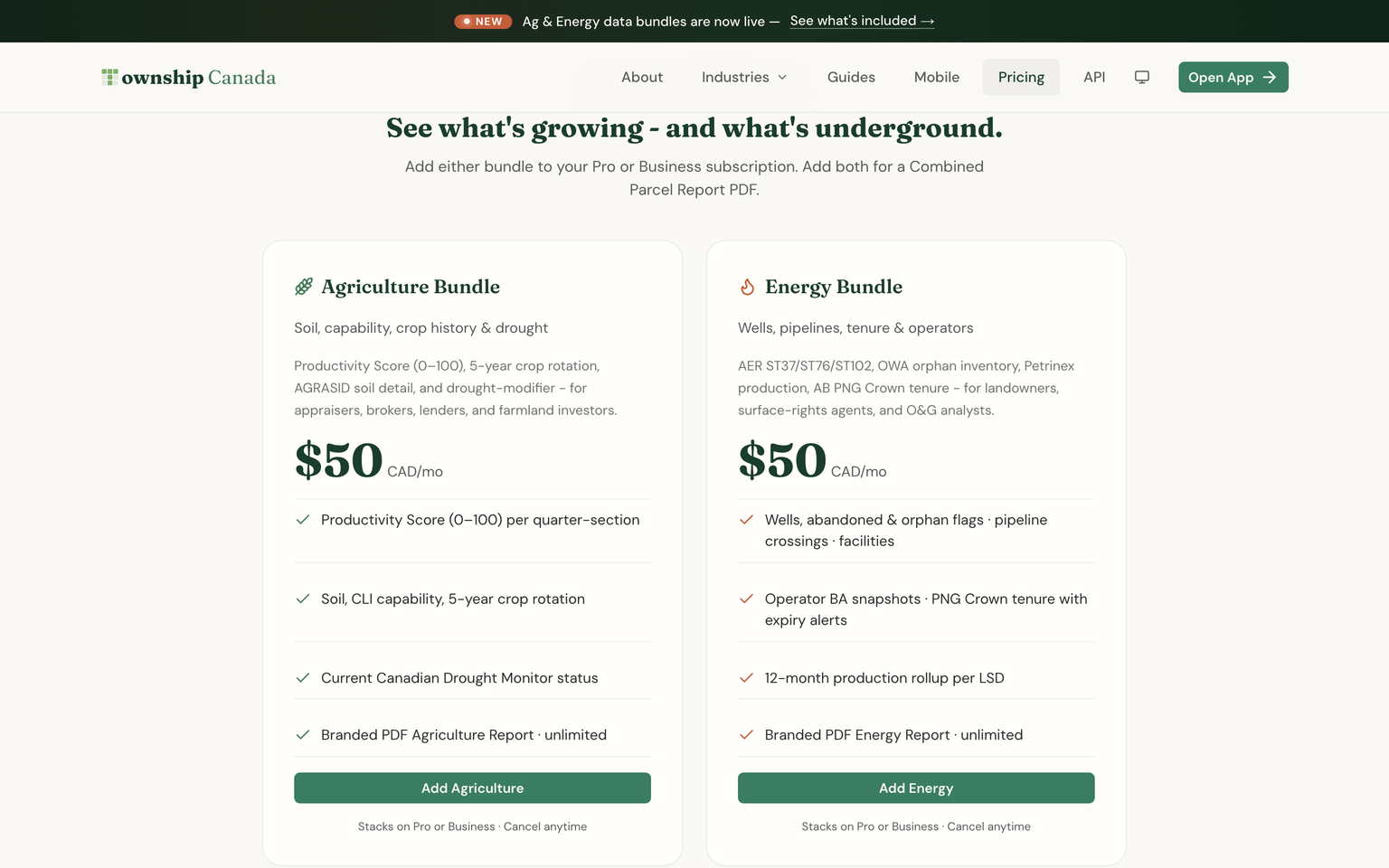 Pricing page showing both bundles at $50 CAD/mo each, side by side, with the feature lists and Add buttons