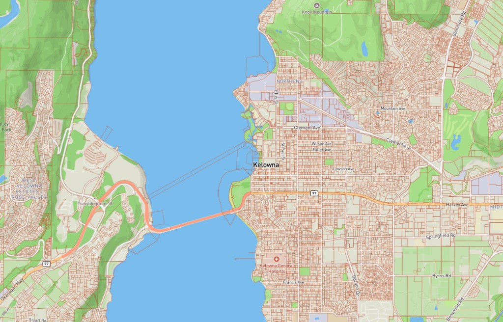 ParcelMap BC parcel boundaries overlaid on the NTS grid in Kelowna, BC
