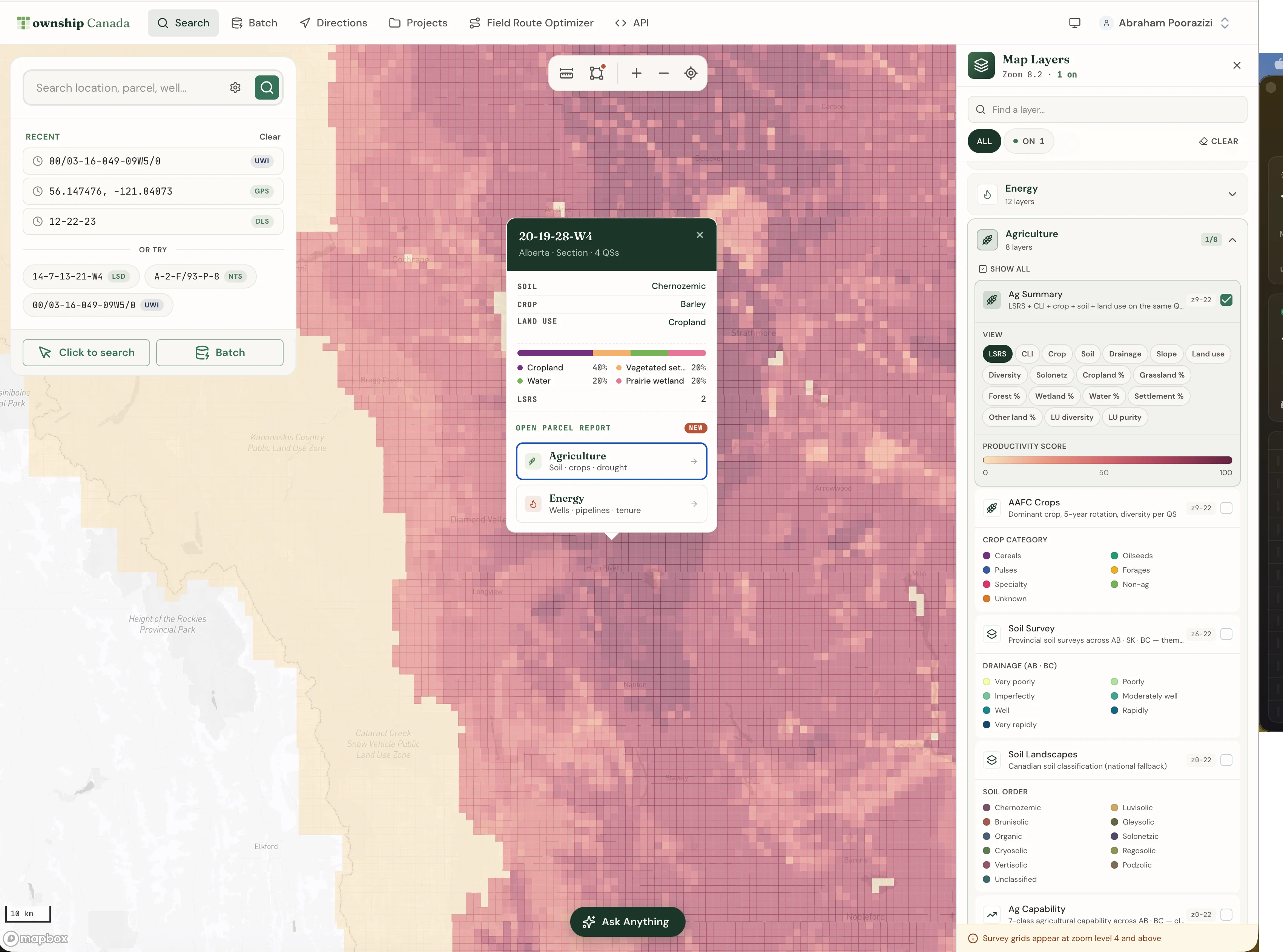 Township Canada data-source catalog showing Energy and Agriculture layer sections with publisher, refresh cadence, and attribution for each layer