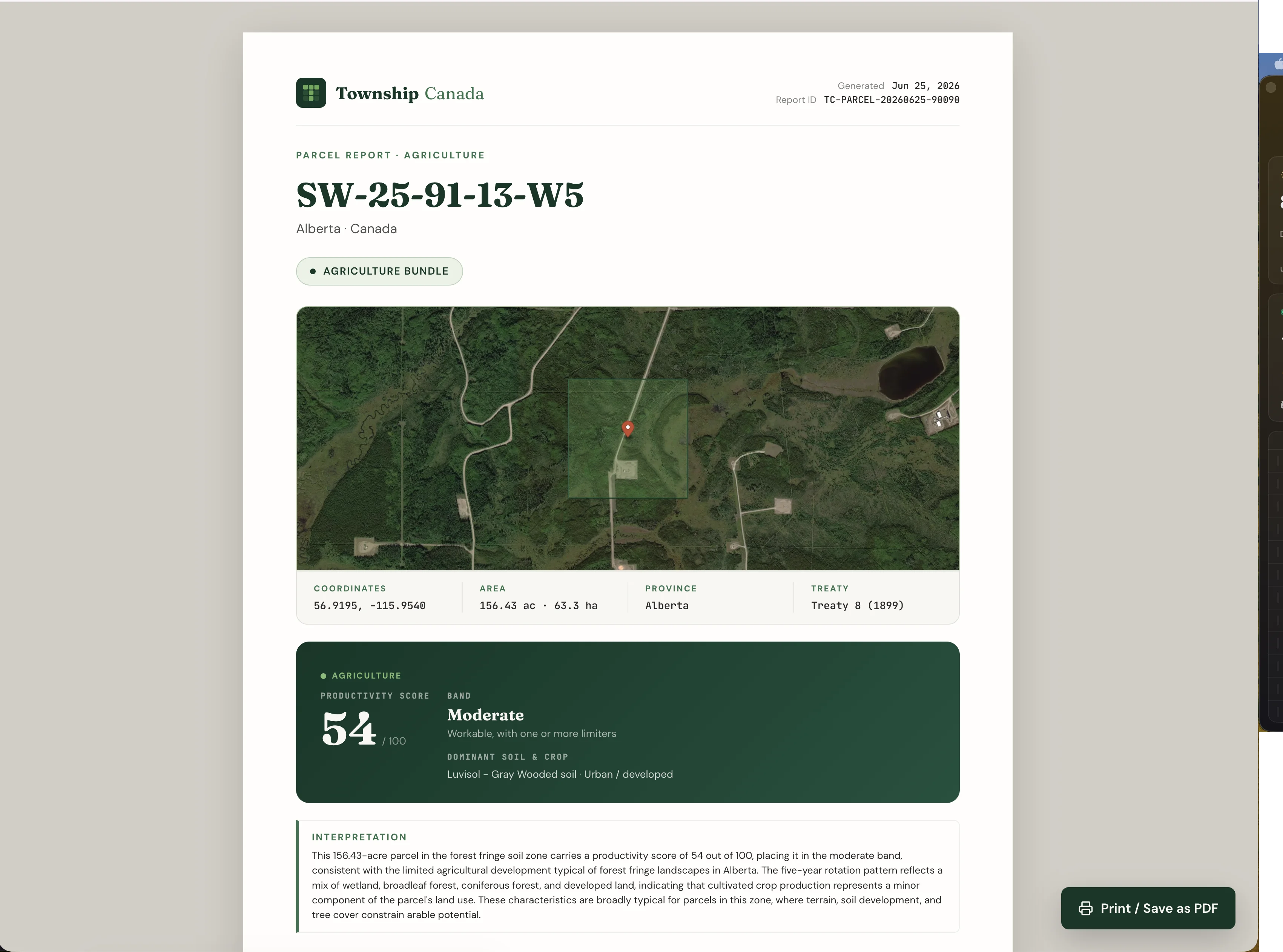 Parcel report Agriculture tab for an Alberta quarter showing the LSRS productivity score ring, soil detail, and crop rotation history