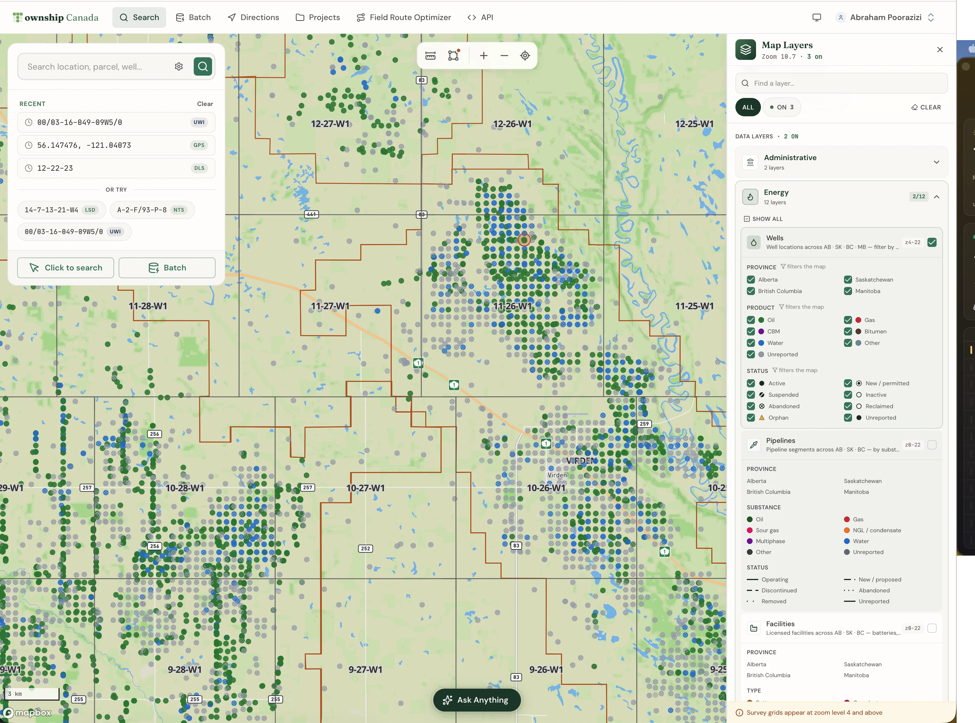 Parcel report Energy tab for a southwest Manitoba quarter near Virden showing wells and Crown tenure