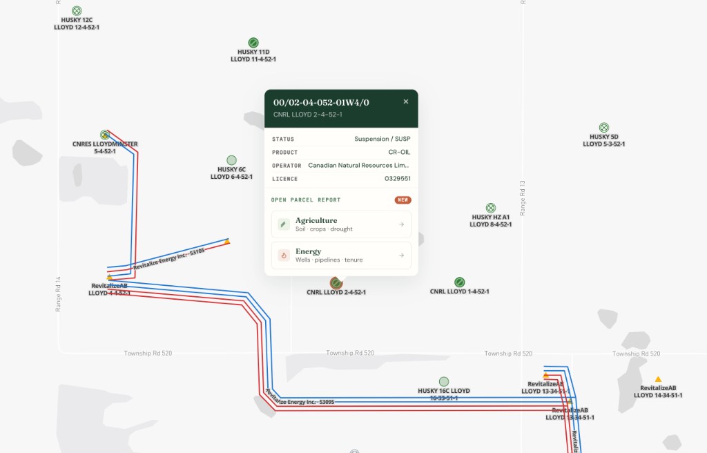 Wells and pipelines on the AB-SK border near Lloydminster with a unified well popup