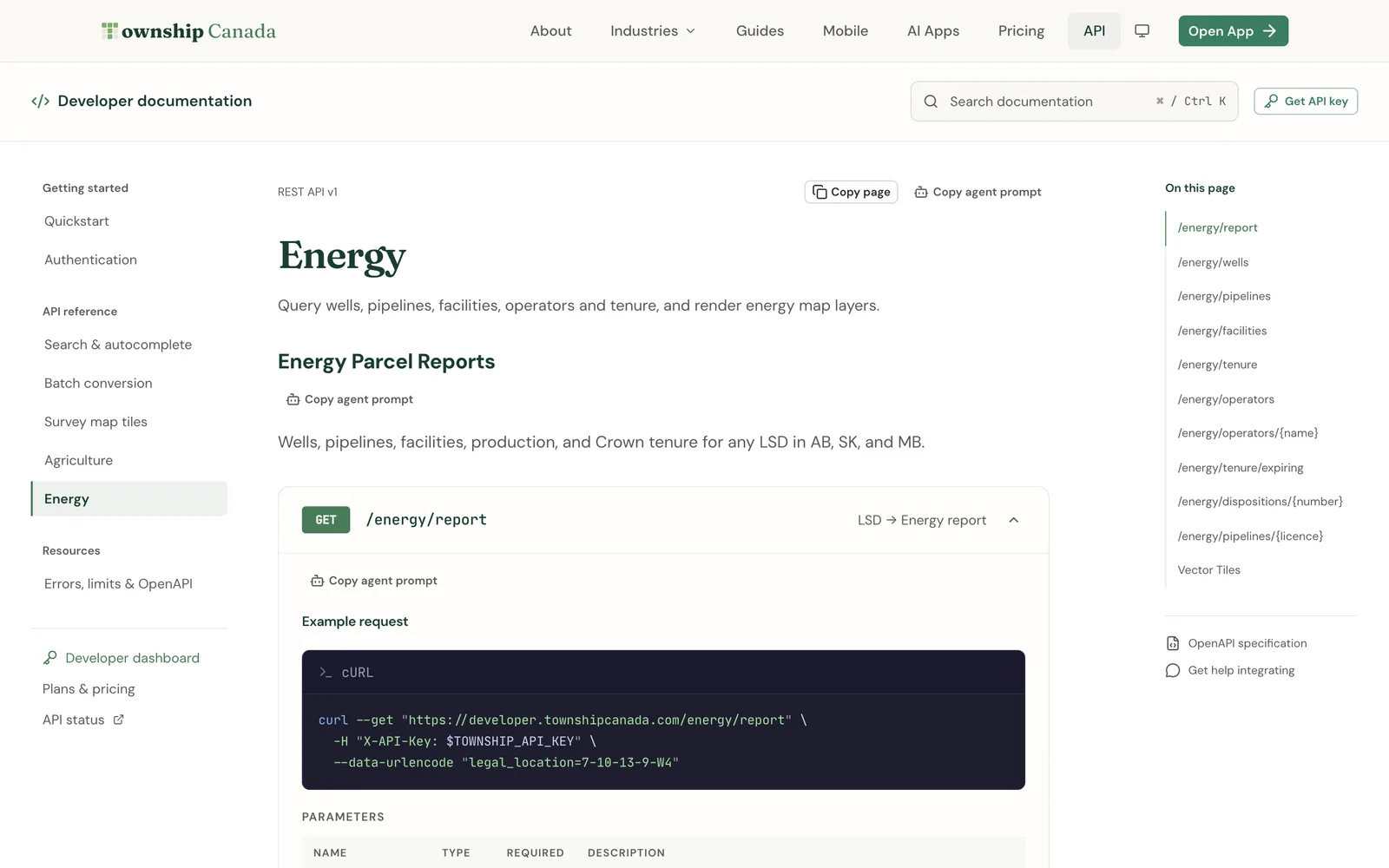 The Energy page of the developer documentation, listing the /energy/report endpoint with an example curl request and every Energy route in the page outline