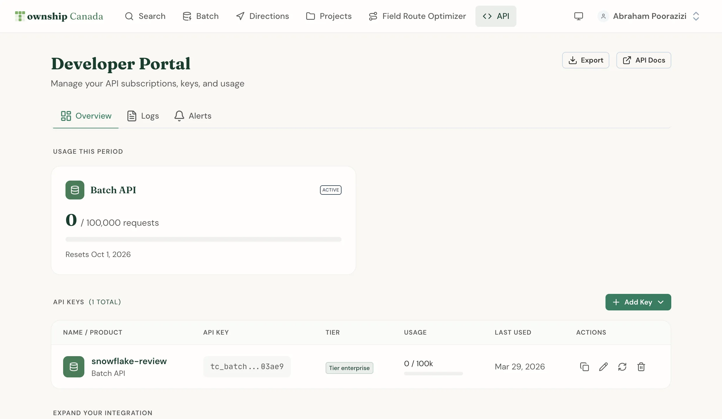 The Developer Portal overview with usage for the period and the API keys table showing name, masked key, tier, usage, and actions