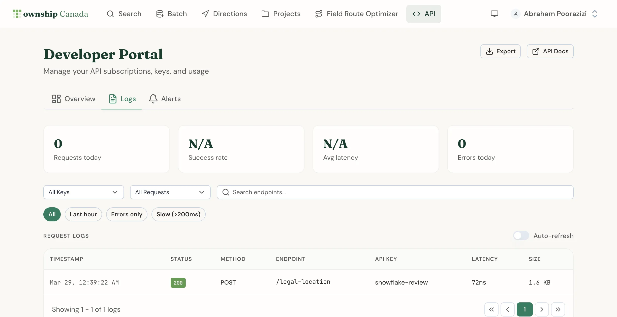 The Developer Portal Logs tab with request counts, success rate, filters for errors and slow requests, and the request log table