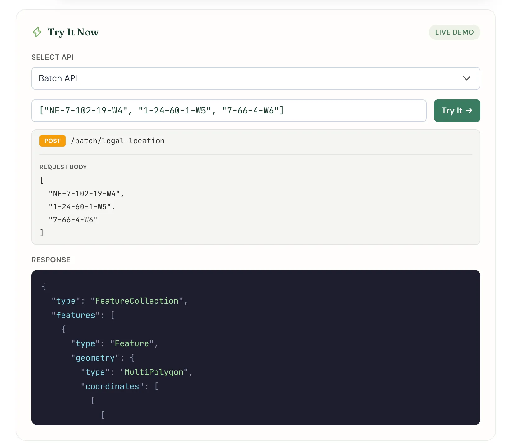 The Batch API live demo on the Township Canada API page, sending three legal land descriptions in one request
