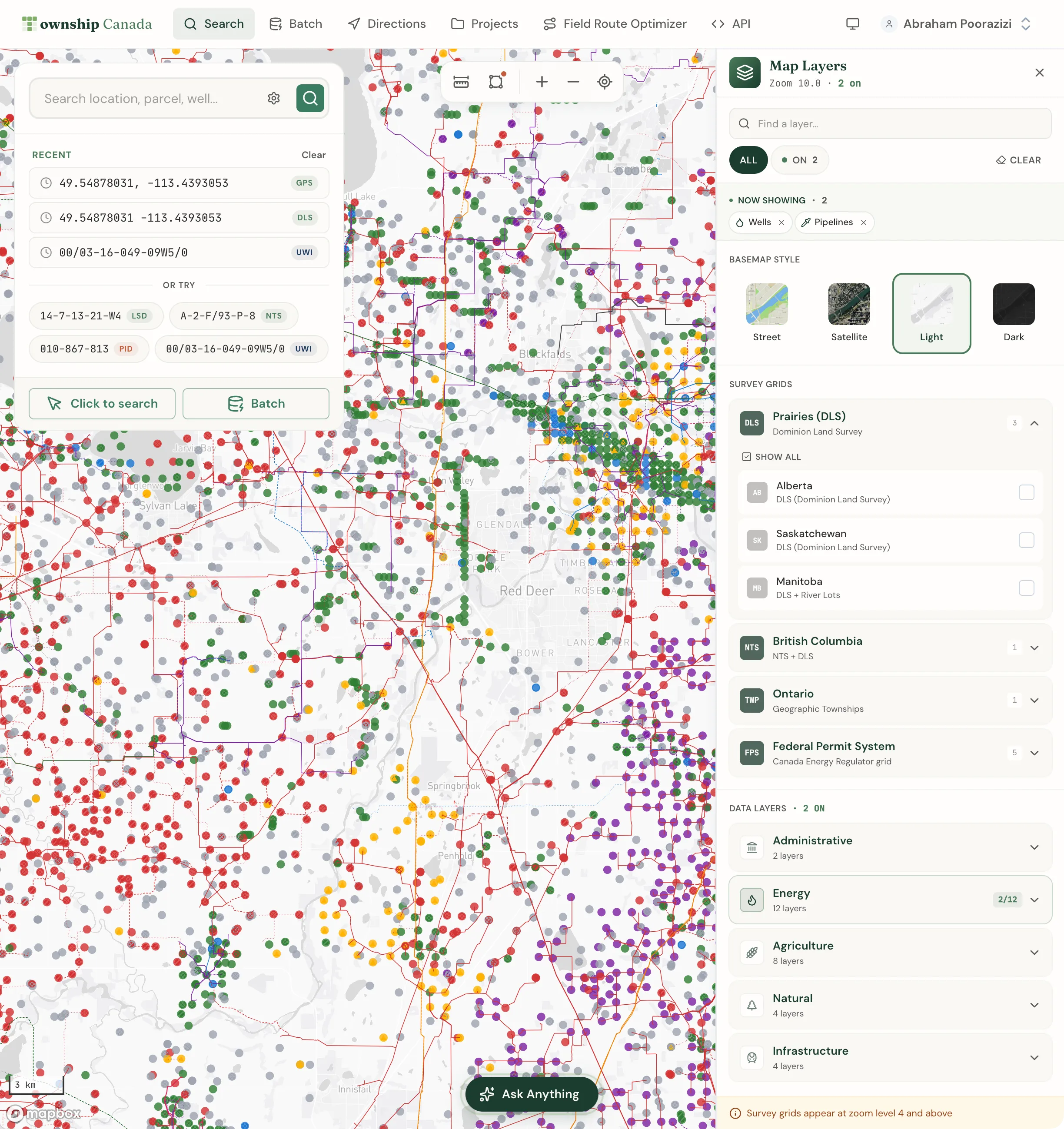 The open Layers panel with the search box, All and On filter chips, the Now showing strip, Basemap Style, Survey Grids, and Data Layers