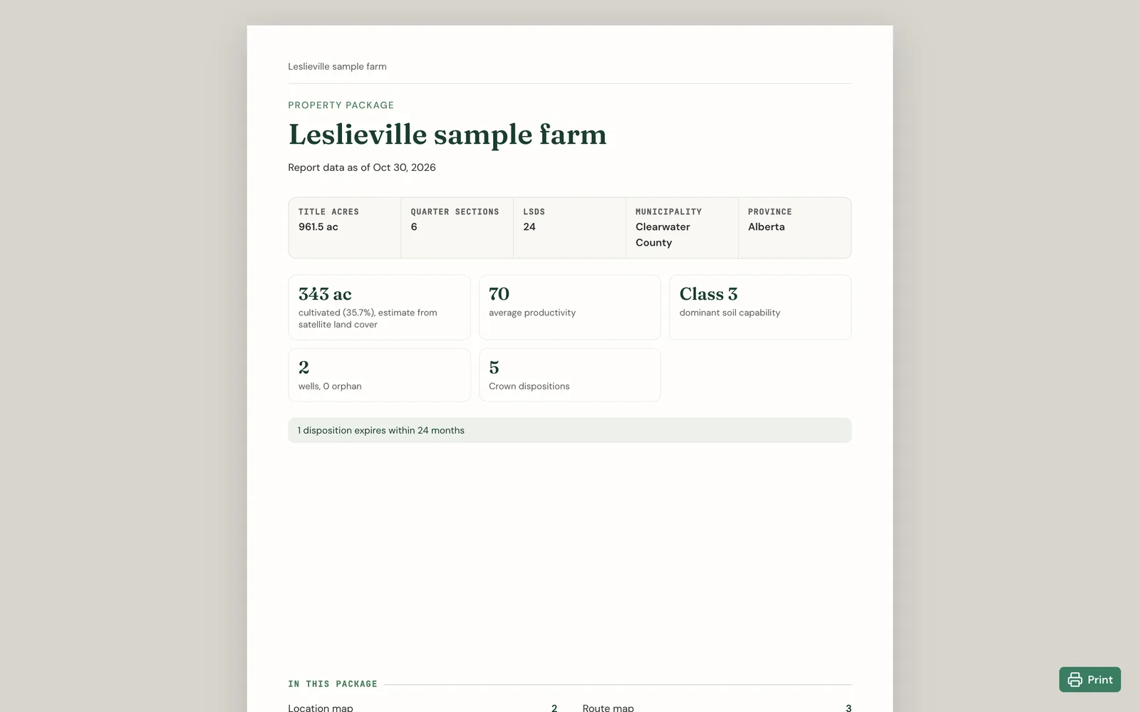 The first page of a property package, with the property name, report date, title acres, quarter sections, LSDs, municipality, province and the headline land and energy figures
