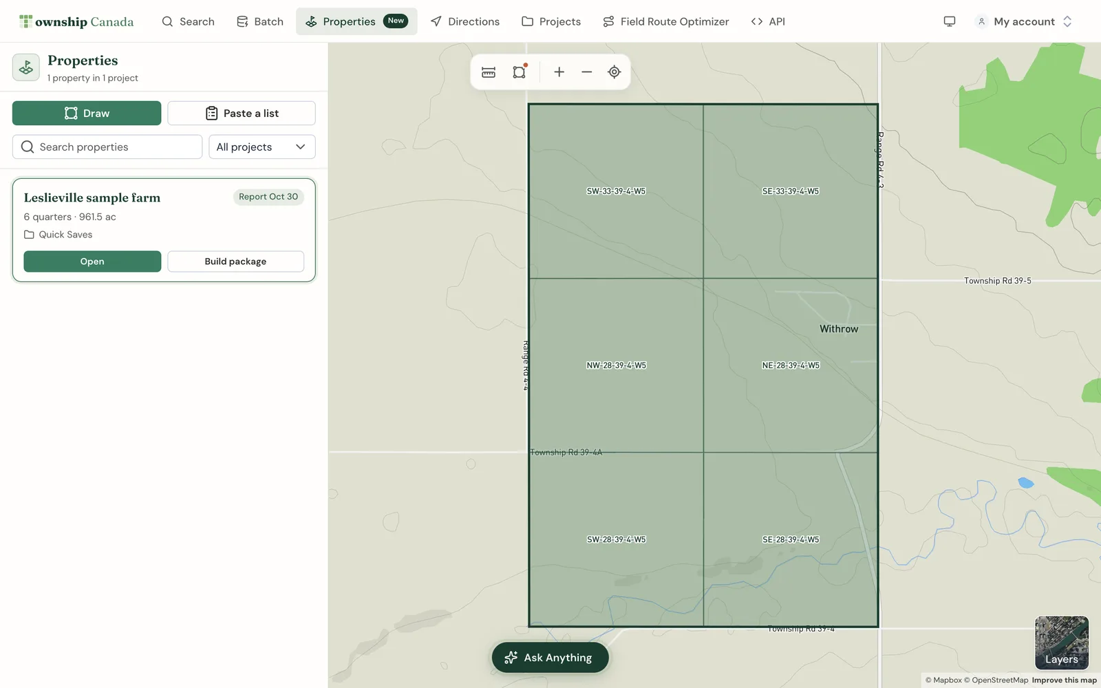 The Properties page with Draw and Paste a list buttons, a saved six-quarter property card with Open and Build package buttons, and the property outlined on the map