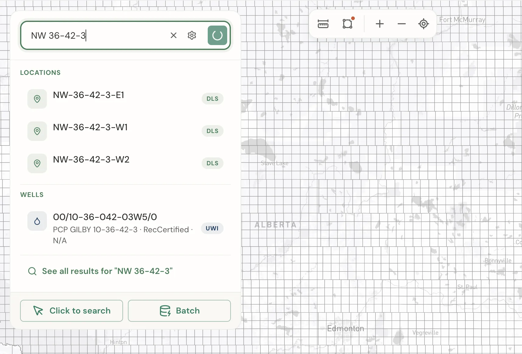 Searching NW 36-42-3 without a meridian returns candidate matches for several meridians instead of one location