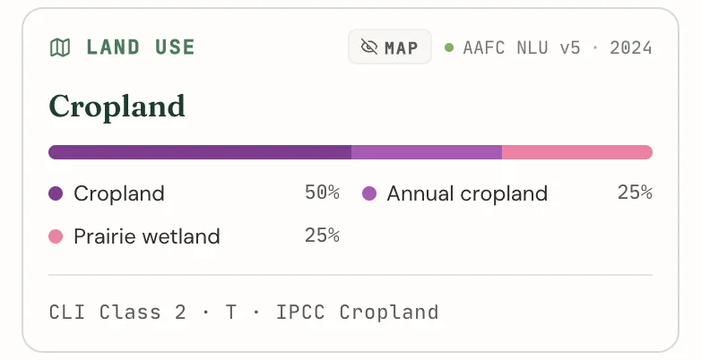 The Land use card on the Agriculture tab showing a cropland quarter section with its within-quarter class breakdown, CLI class, and IPCC group