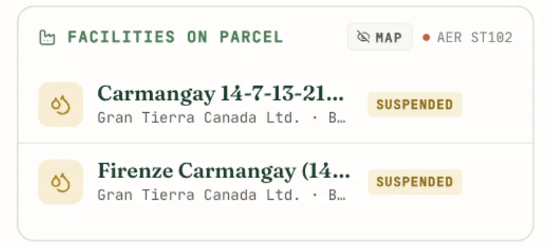 The Facilities on parcel card on the Energy tab listing each facility inside the parcel with its operator and status