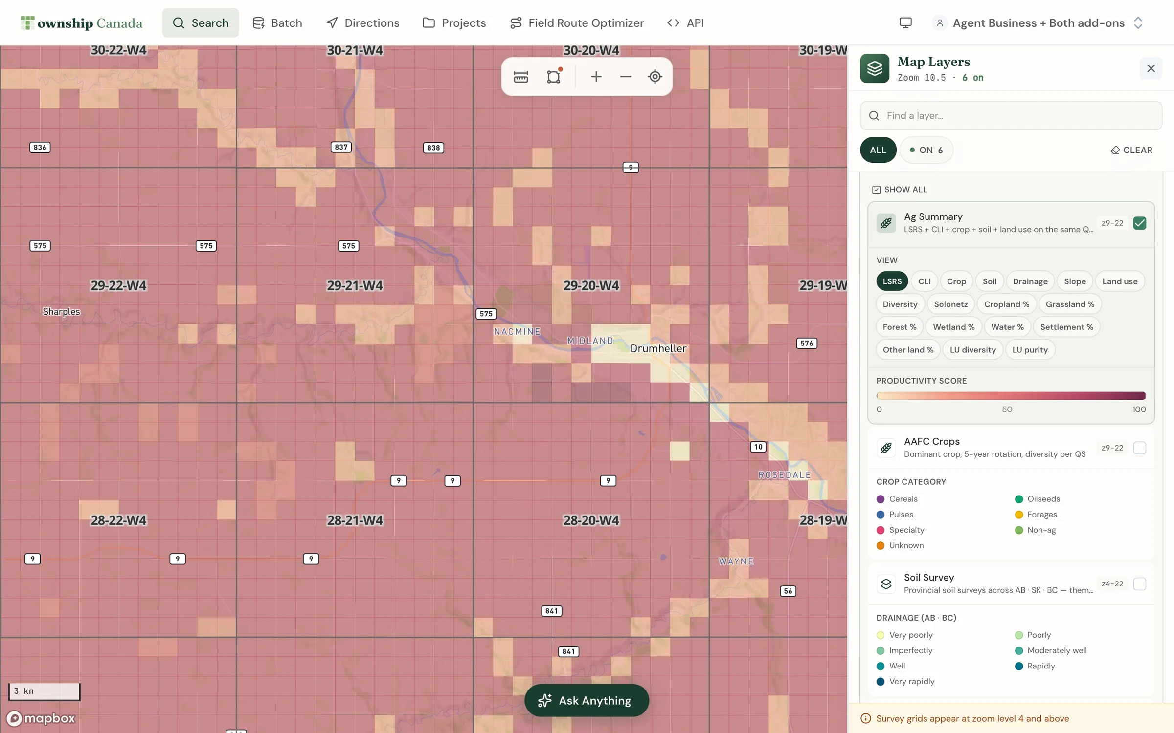 The Ag Summary layer themed by LSRS productivity around Drumheller, Alberta, with the productivity score ramp shown under the layer in the Layers panel