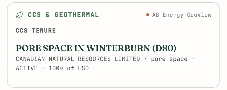The CCS and geothermal card on the Energy tab showing an intersecting pore space agreement with its operator, status, and 100% coverage of the LSD