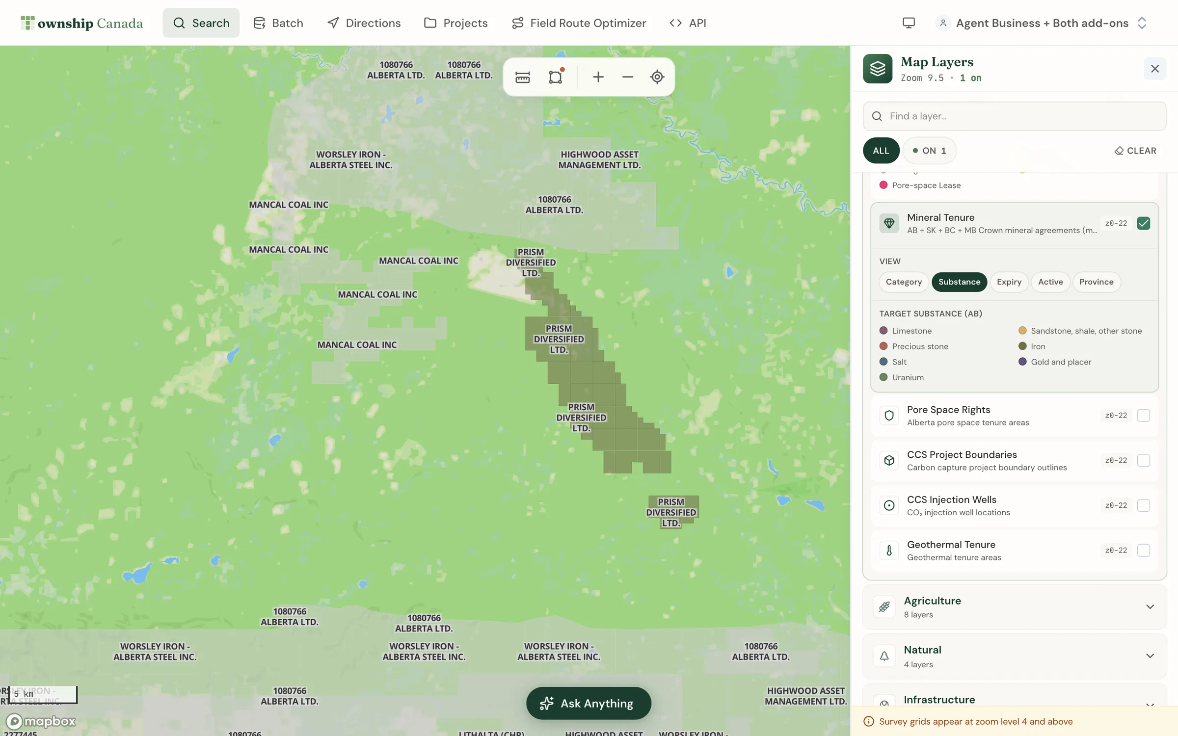 The minerals preset in the Clear Hills of northwest Alberta, with Crown mineral dispositions coloured by target substance and the substance legend in the Layers panel