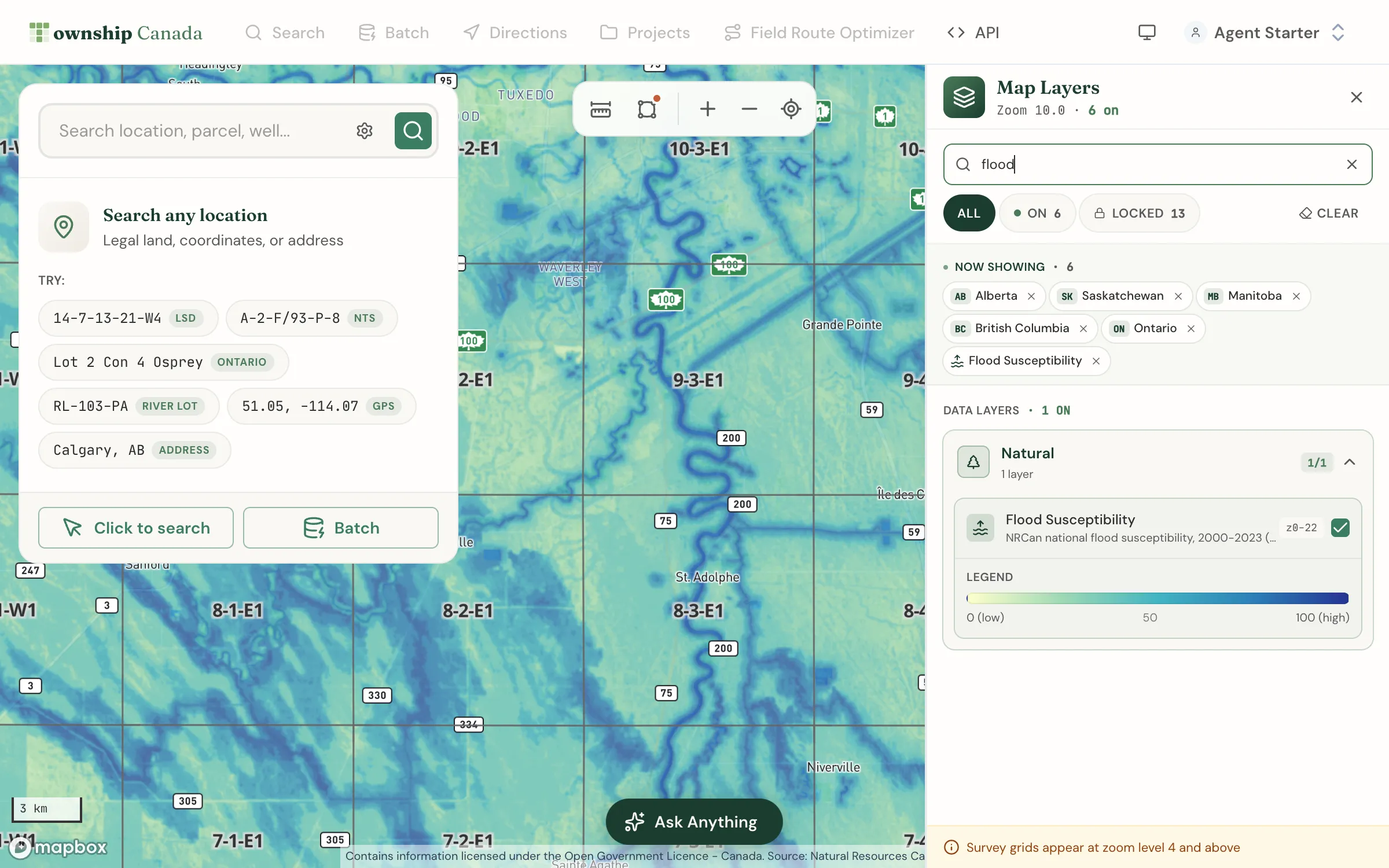 The Flood Susceptibility layer along the Red River south of Winnipeg, with the river valley in dark blue under the survey grid and the 0 to 100 legend in the Map Layers panel