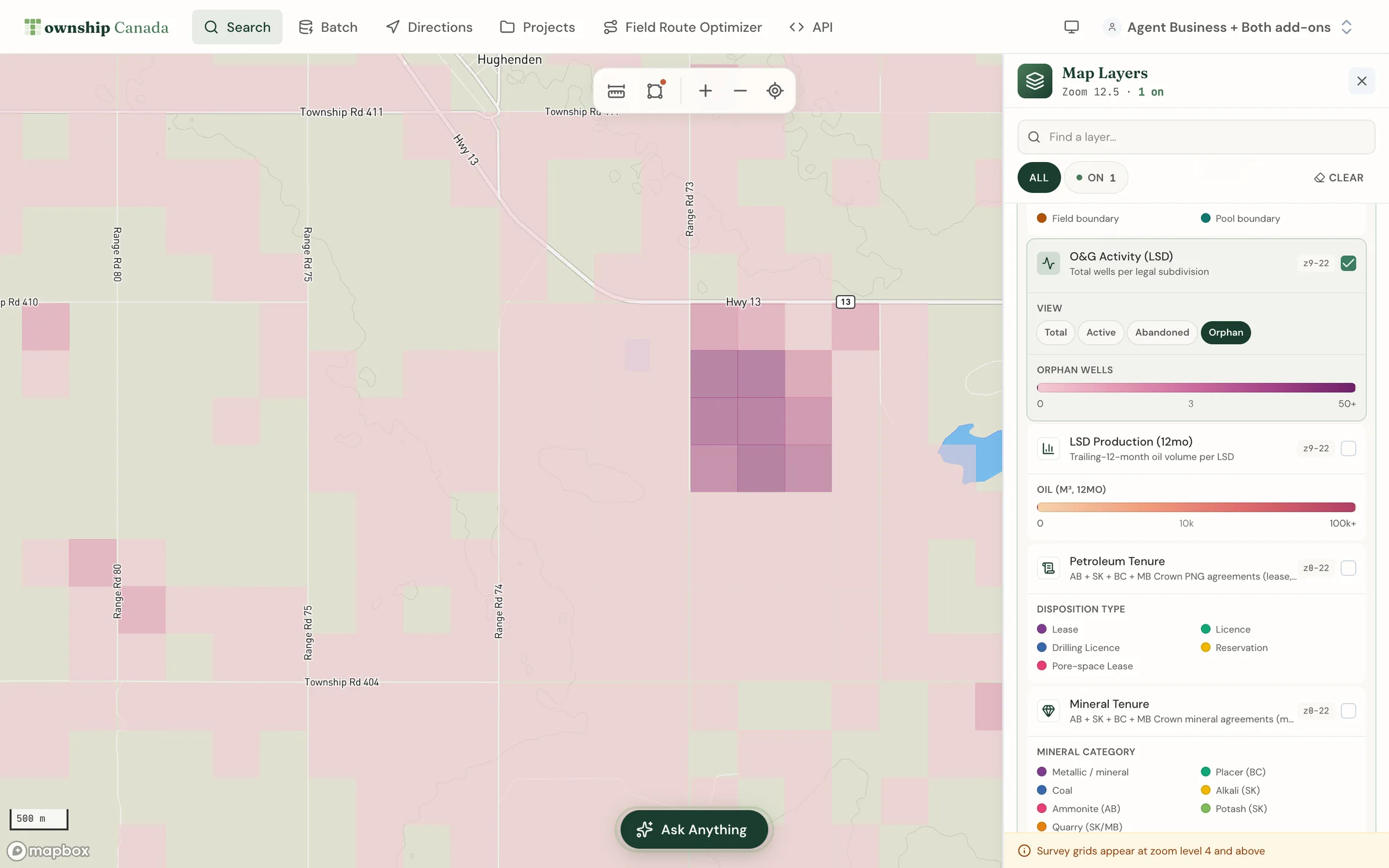 The liability preset in east-central Alberta, with legal subdivisions shaded by orphan well count and the densest cluster in section 34-40-7-W4 standing out and the Orphan view selected on the O&G Activity layer