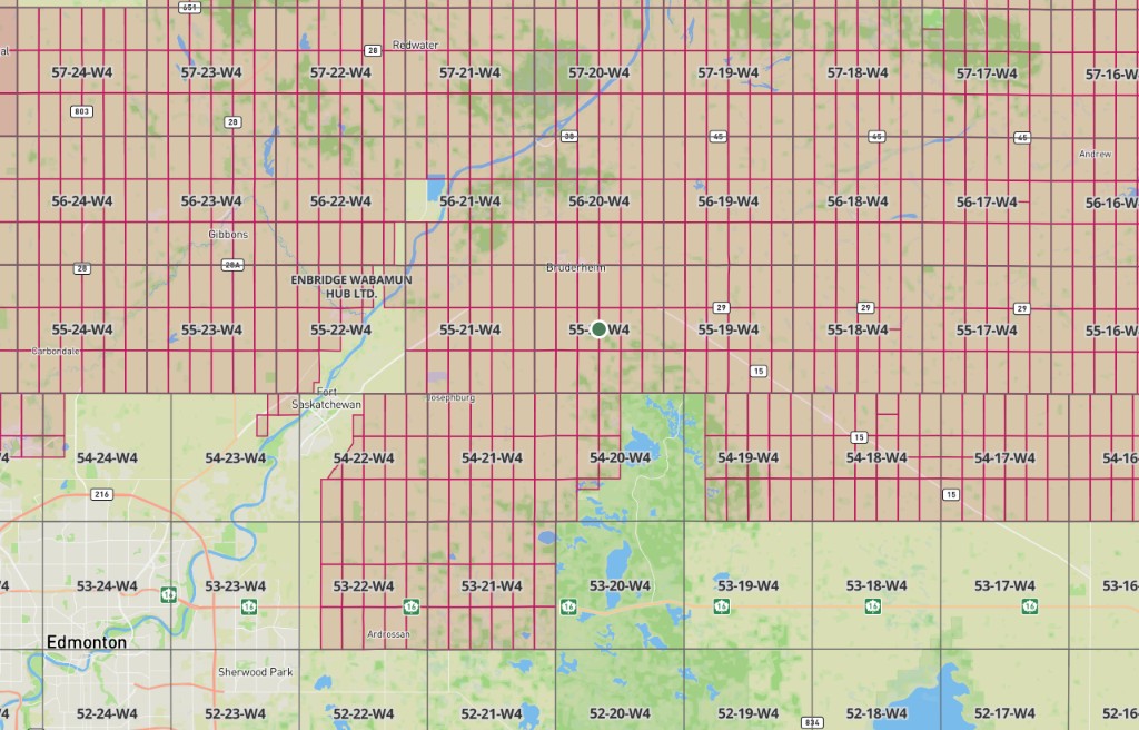 CCS Tenure Layer on the DLS grid near Township 55, Range 20, W4M, showing Enbridge Wabamun Hub pore space tenure zones and adjacent sections without existing tenure