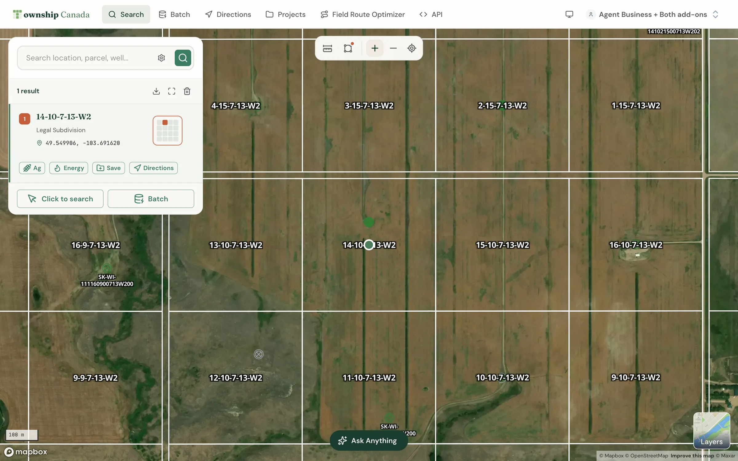 LSD 14-10-7-13-W2 found in Township Canada on satellite imagery, with the DLS grid and the well inside the LSD outline