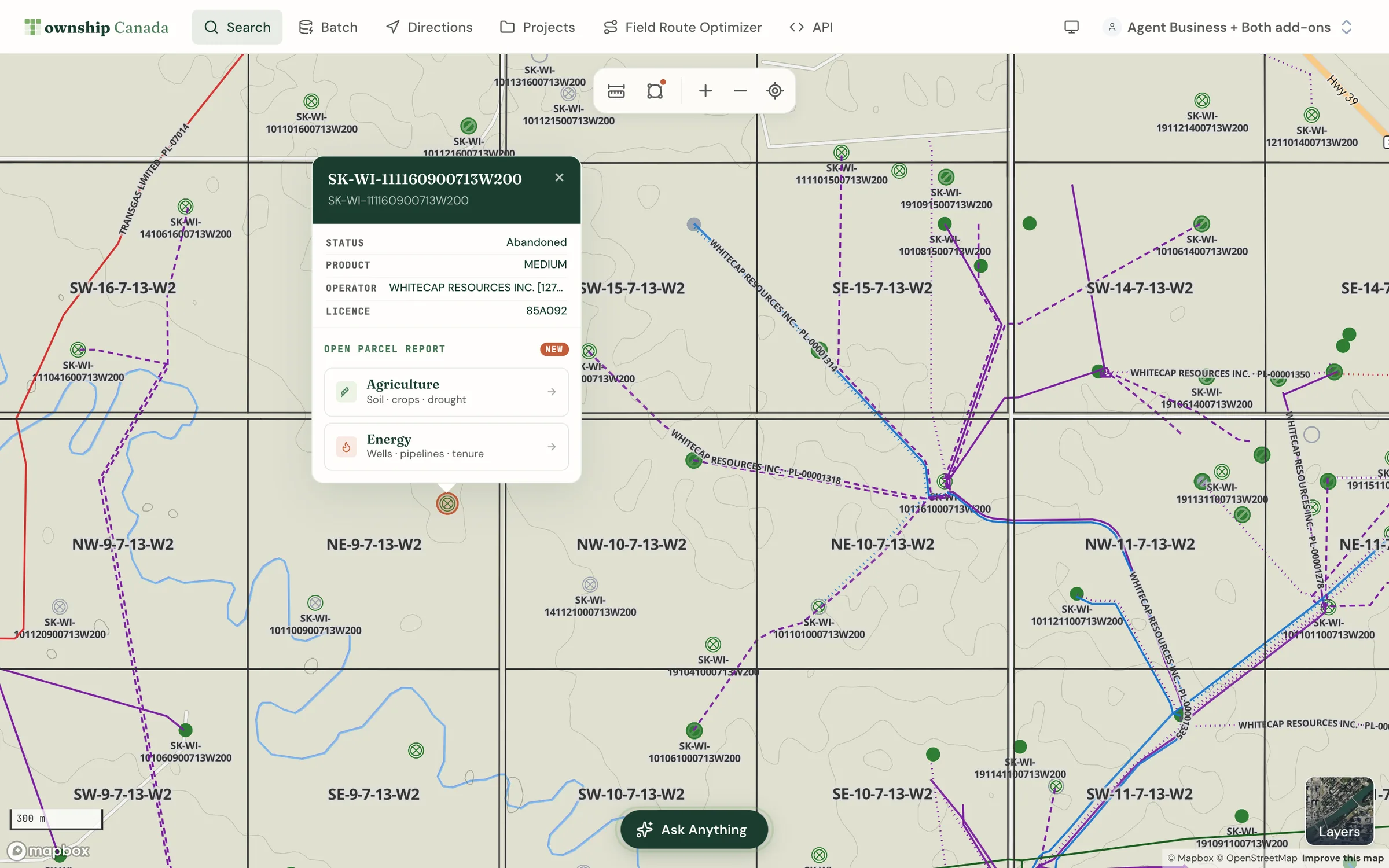 Saskatchewan wells and pipelines on the DLS grid southeast of Weyburn, with a selected well showing its UWI, operator, and licence status