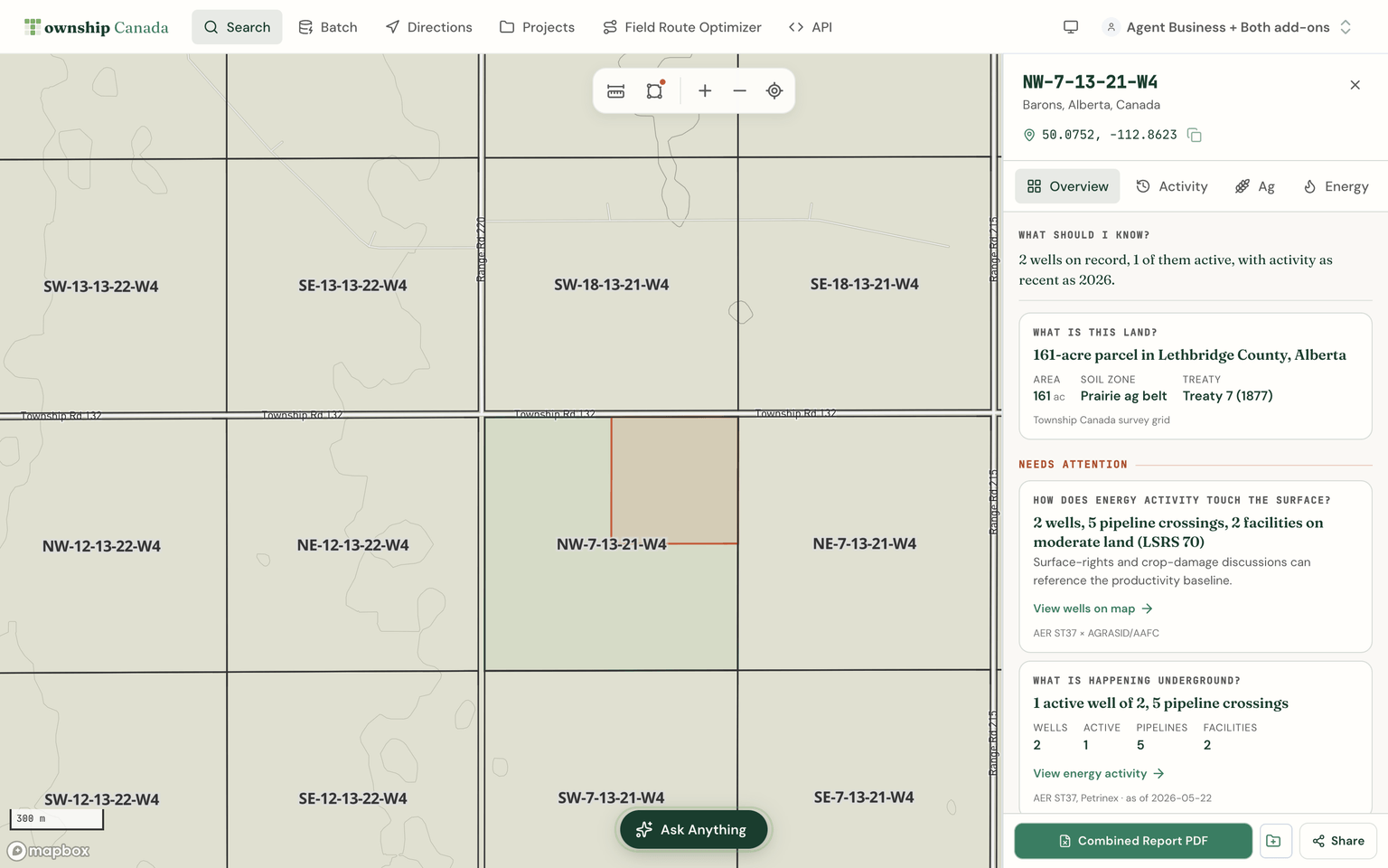 Parcel report Overview for an Alberta parcel near Barons, with ranked land findings beside the map.